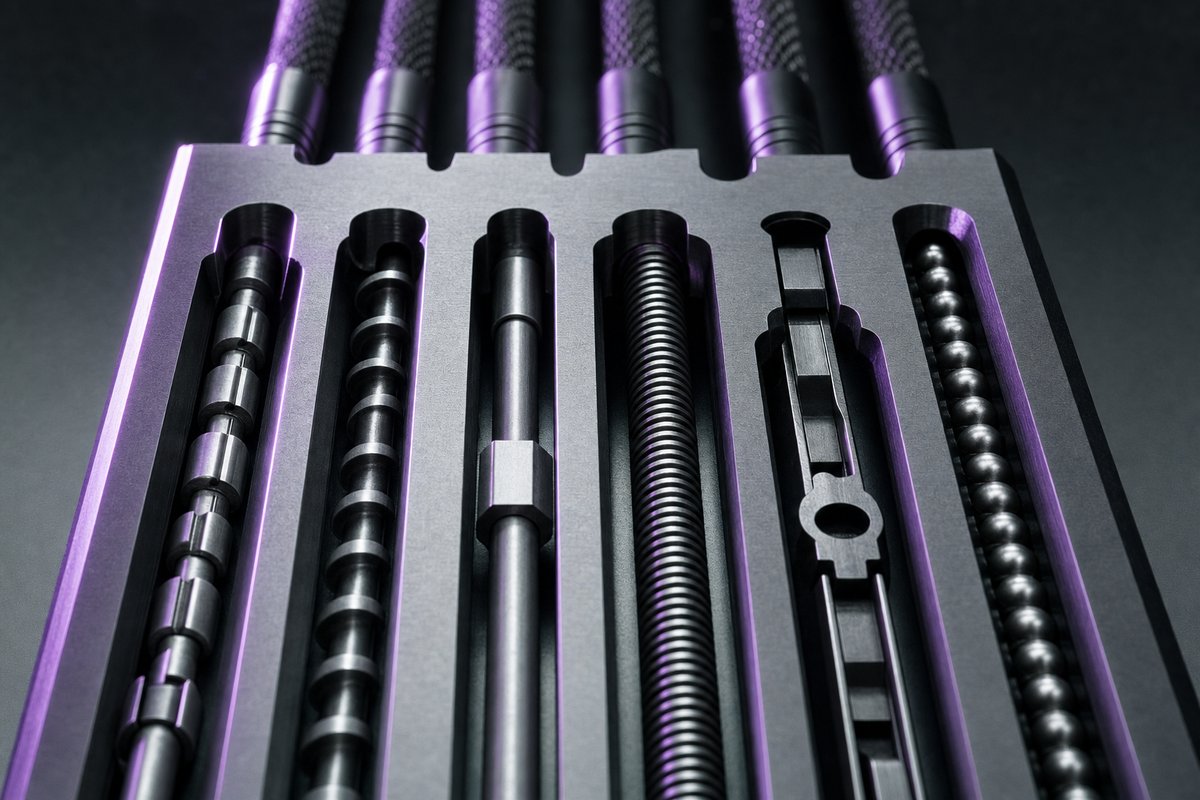 Six parallel channels of visibly different profiles cut into one machined slab, each holding a different mechanism and all running to a shared manifold.
