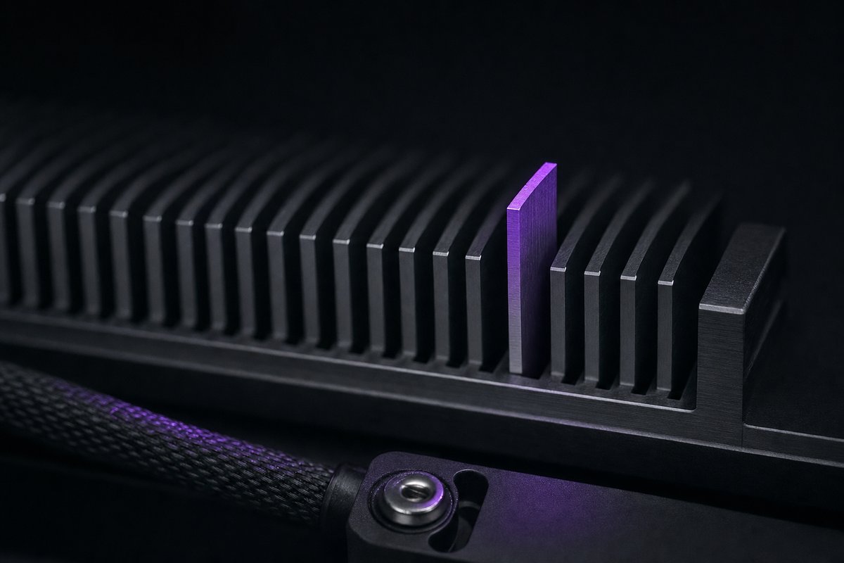 A row of blank machined plates held in a rail, one raised proud of the others and lit along its top edge, as a lookup instrument would isolate a single record.