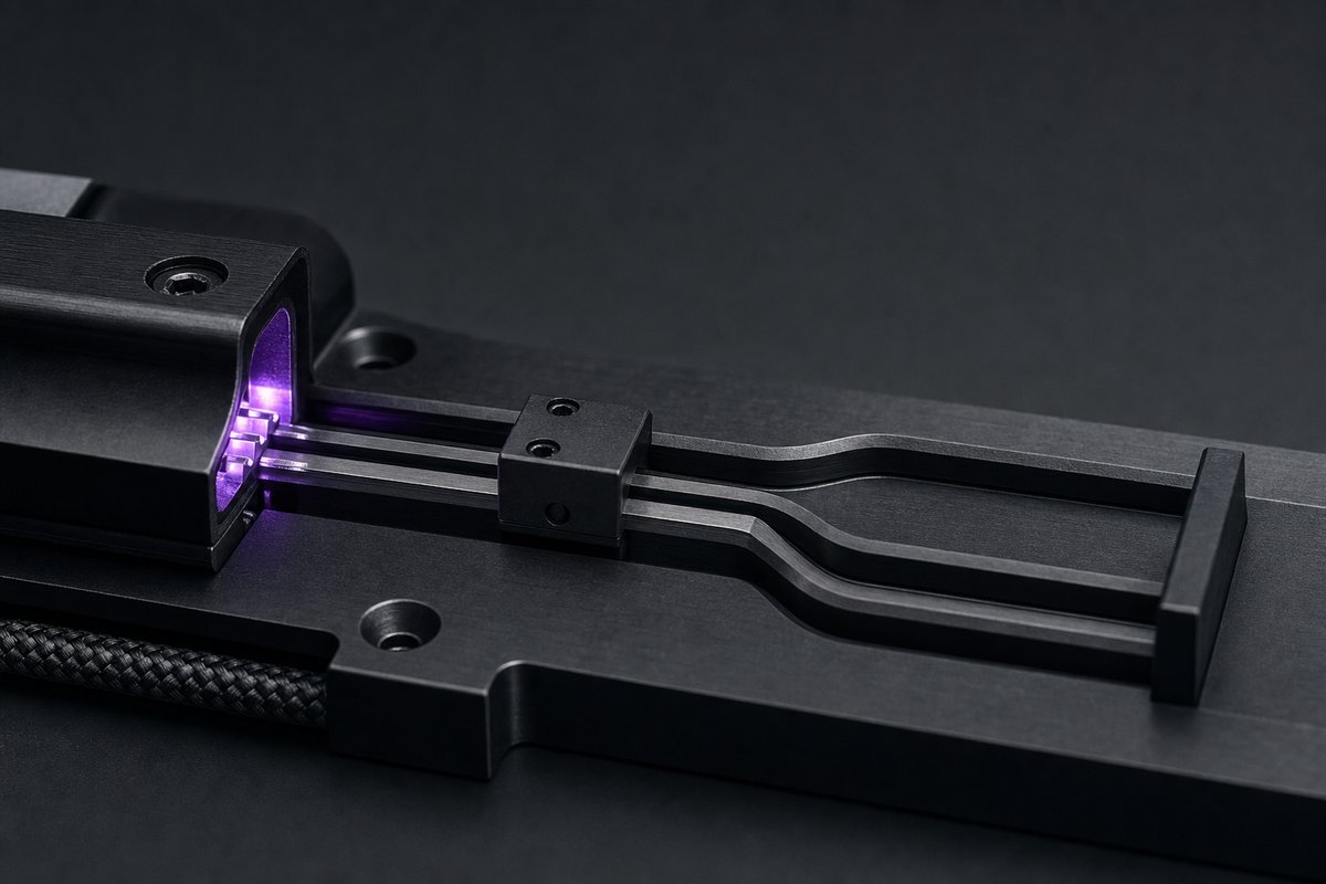 A machined rail dividing at a junction: one branch enters a sealed, lit gateway housing, the other runs a short distance into a blind channel that stops at a solid wall.