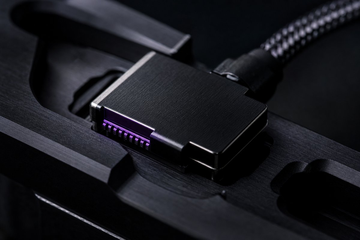 A small anodised module seated in a machined carrier, its plated contact fingers lit along one edge, connected onward by a single braided cable leaving the frame.