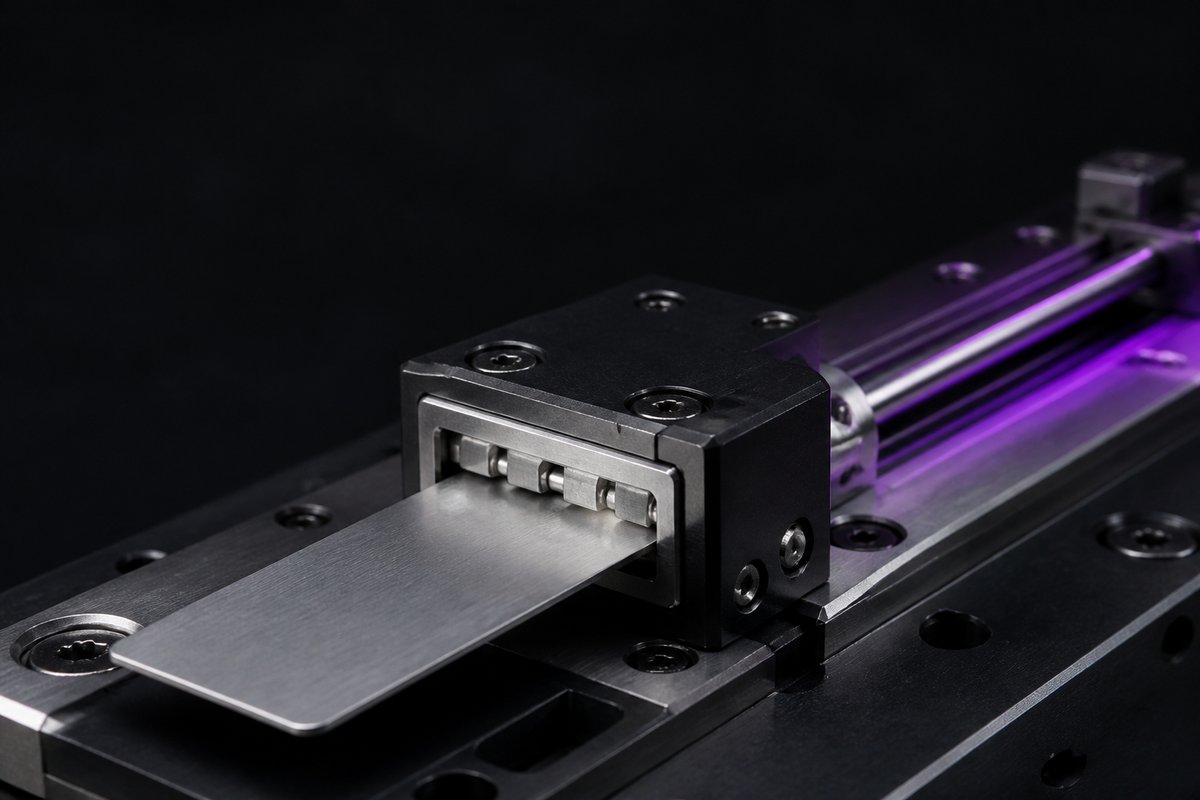 A blank payment card aligned with a machined reader slot, linked to a bank-account module by one etched track.