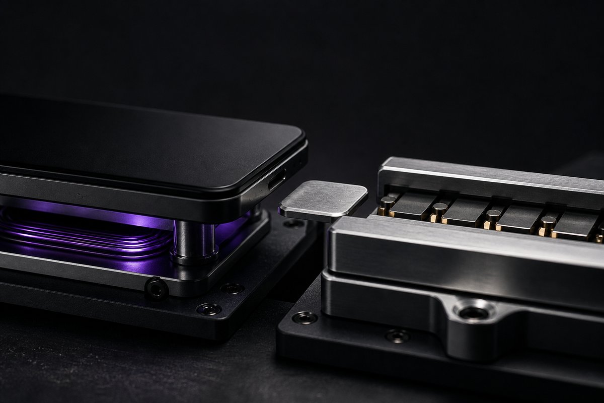 A phone-shaped metal plate presenting a token disc above a separate card rail inside a machined instrument.