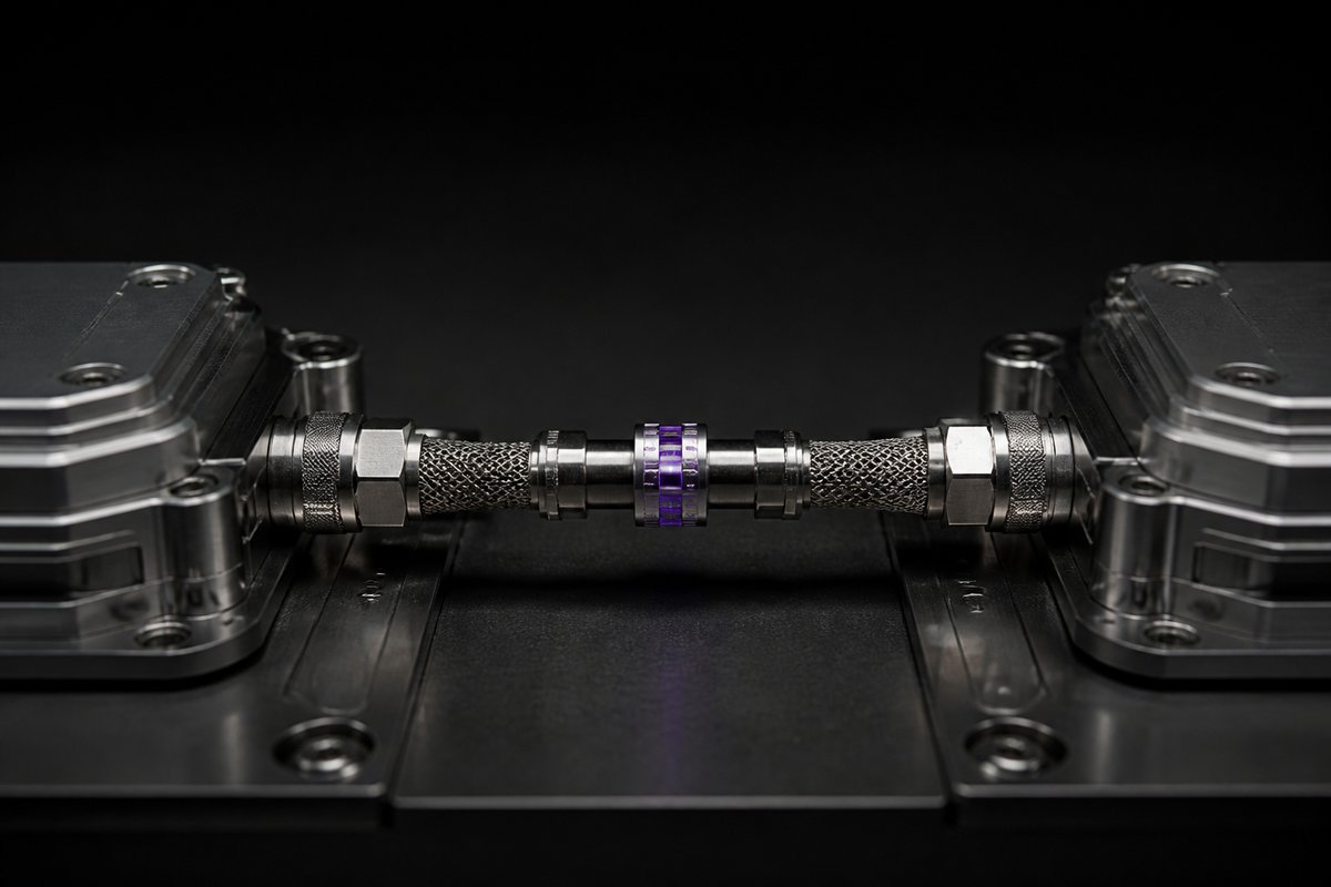 Two bank-account modules connected through a narrow authorised switch in a machined transfer instrument.